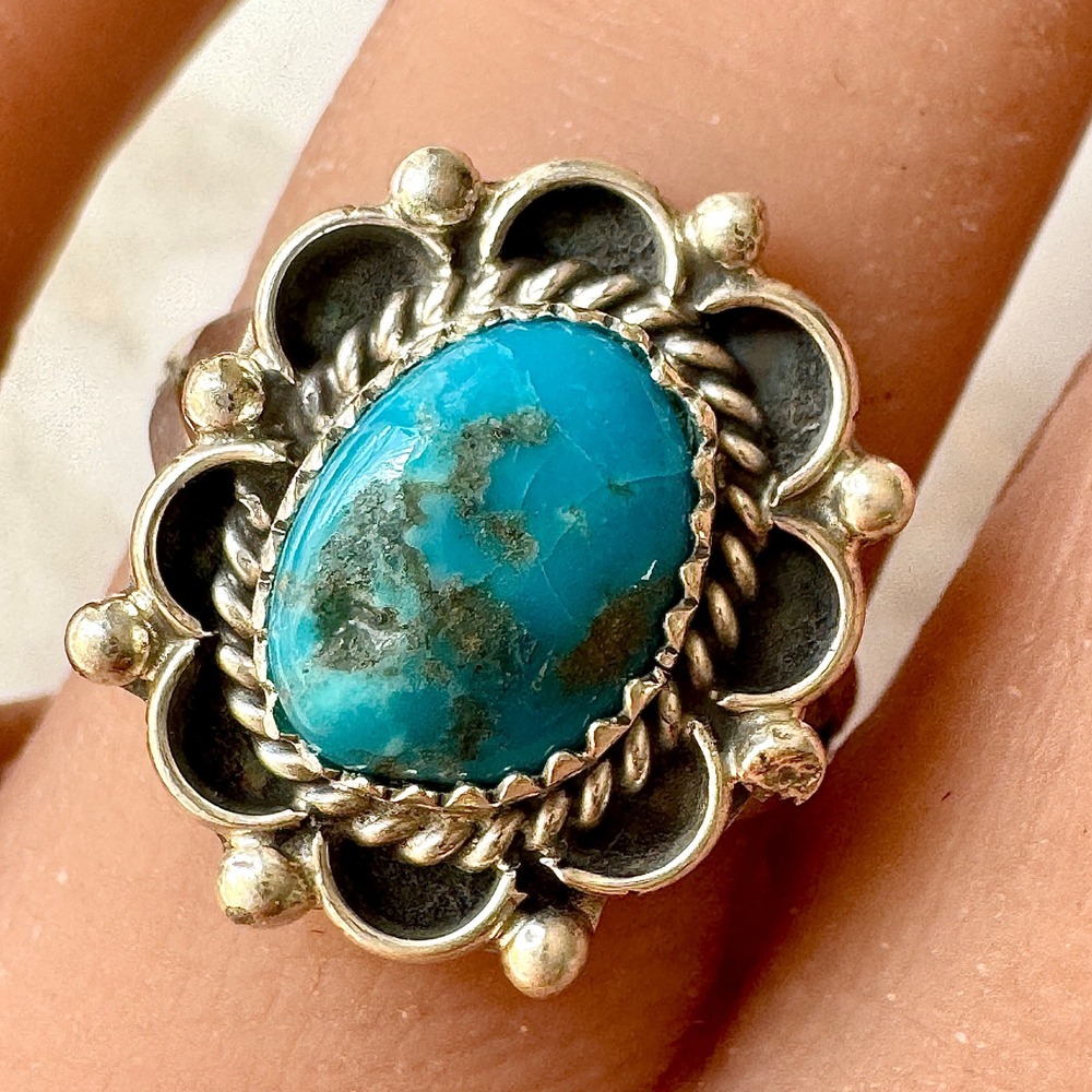 Navajo‎ Flower Ring Turquoise Sz 7 Sterling Silver Signed Morgan Native Amer